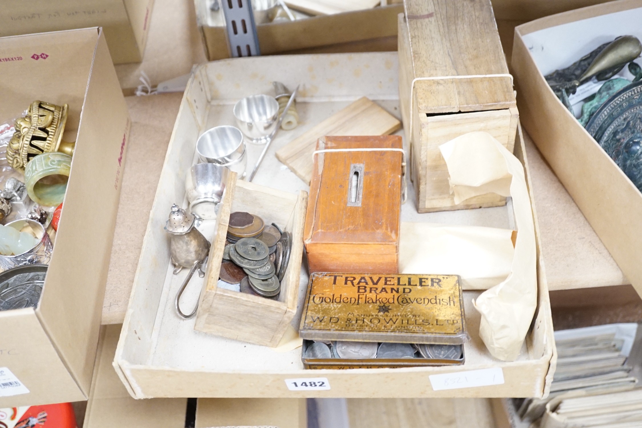 Assorted coins and silver plated wares, including Chinese Qing and Japanese coinage